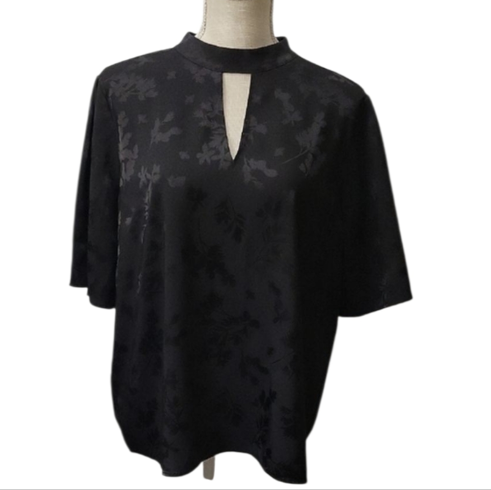 Ann Taylor Black Flutter Sleeve Blouse with Mandarin Collar